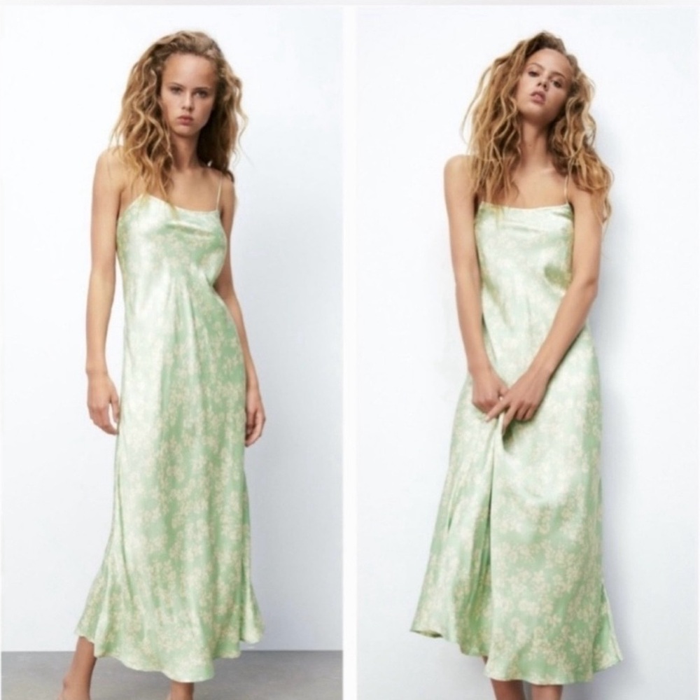 ZARA Satin Slip Midi Dress in Mint Floral